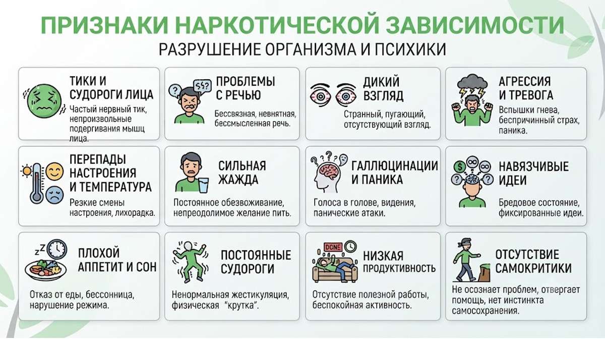 Инфографика: основные признаки наркотической зависимости, разрушение организма и психики.